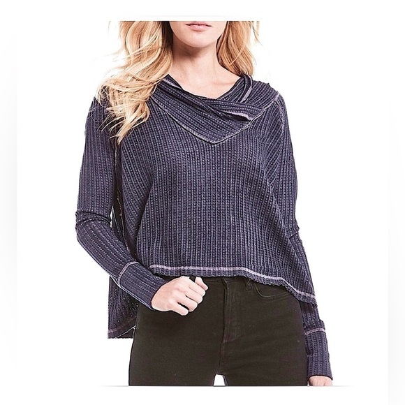 Free People Wildcat High-Low Waffle Knit Cowl Neck Blue-Purple Oversized Top L - Picture 6 of 9
